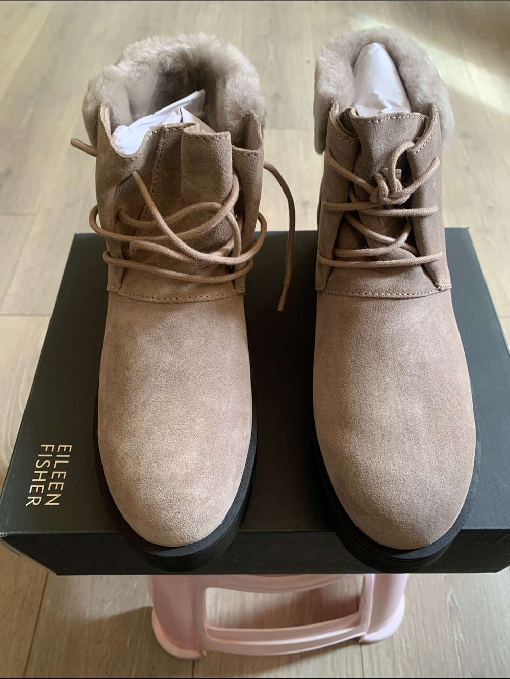 Eileen Fisher Taupe Suede Faux-Fur Lined Ankle Boots